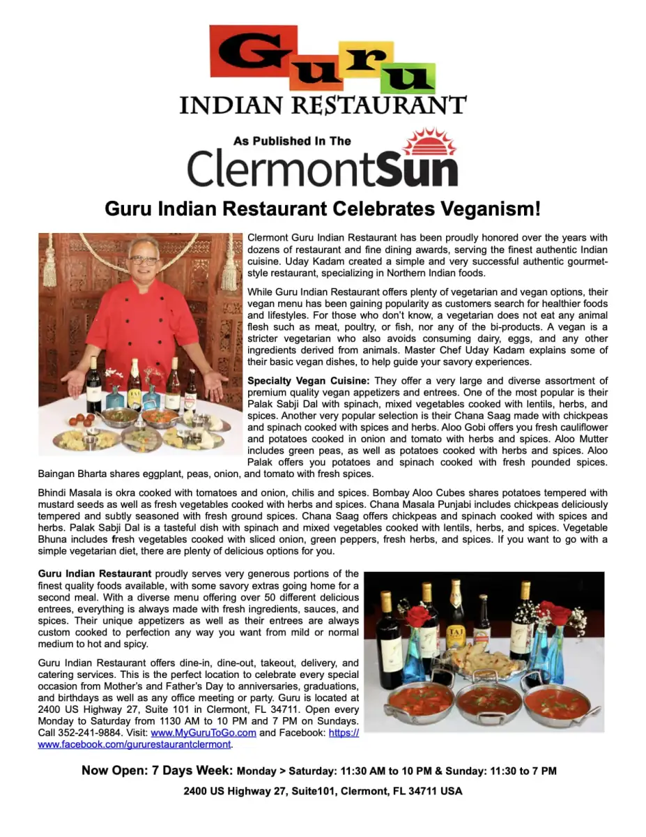 Guru Restaurant Vegan Menu Celebrated
